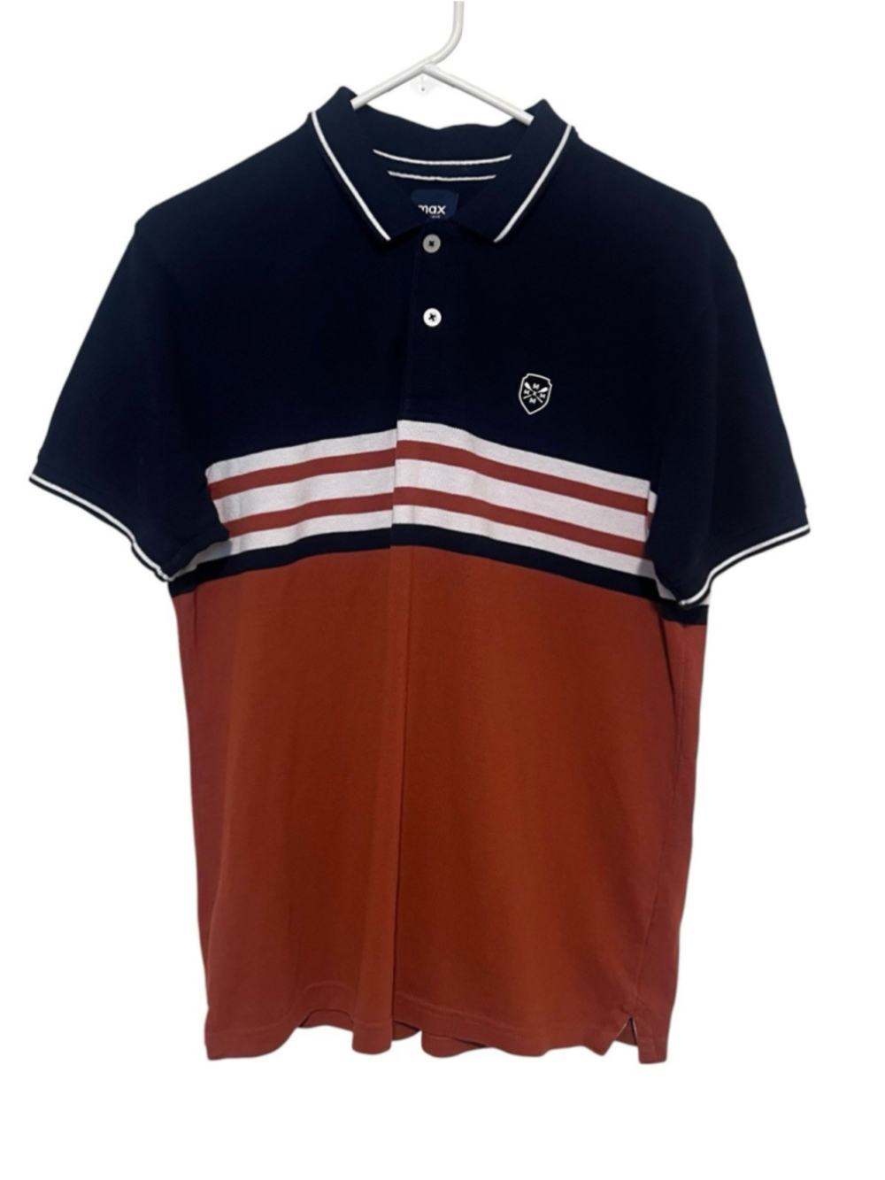 Max Fashion Slim Fit Striped Knit Polo Shirt Men’s XL Rust Navy Colorblock Crest